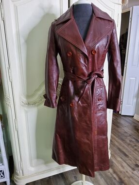 1970s Ox Blood Leather Trench Coat - Double Breasted, Belted